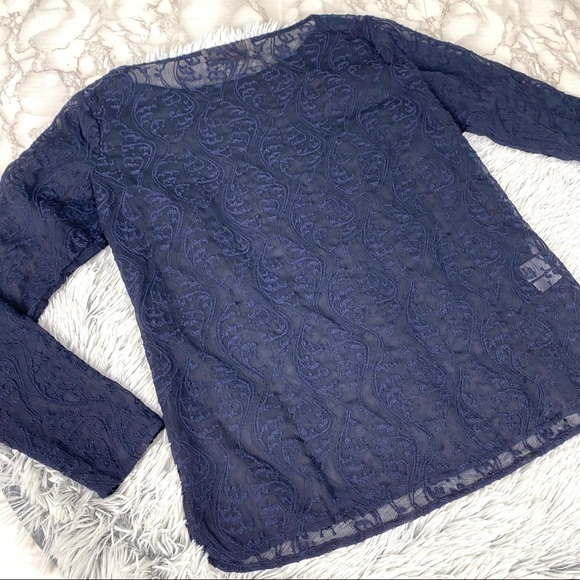 Loft Navy Sheer Lace Long Sleeve Top EUC - Picture 2 of 11
